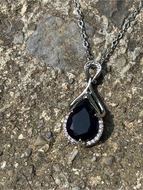 Silver Teardrop Necklace with Deep Blue Stone